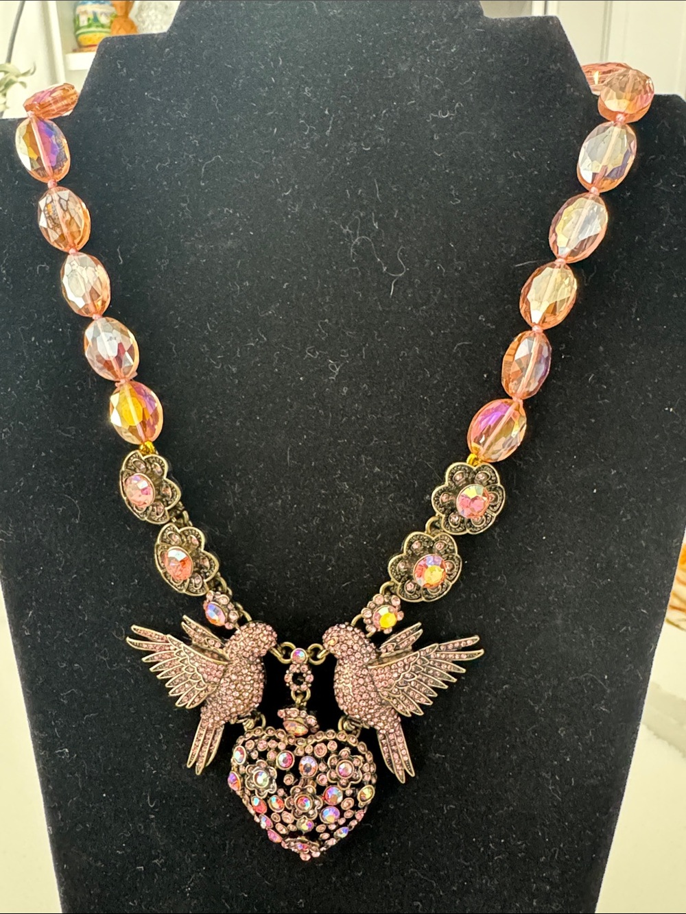 Kirk’s Folly Pink Crystal Heart & Bird Necklace - Statement Women’s Jewelry